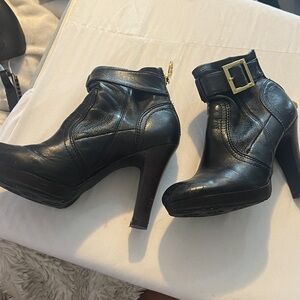 Tory Burch Black Leather High-Heel Ankle Booties with Gold Logo Medallion